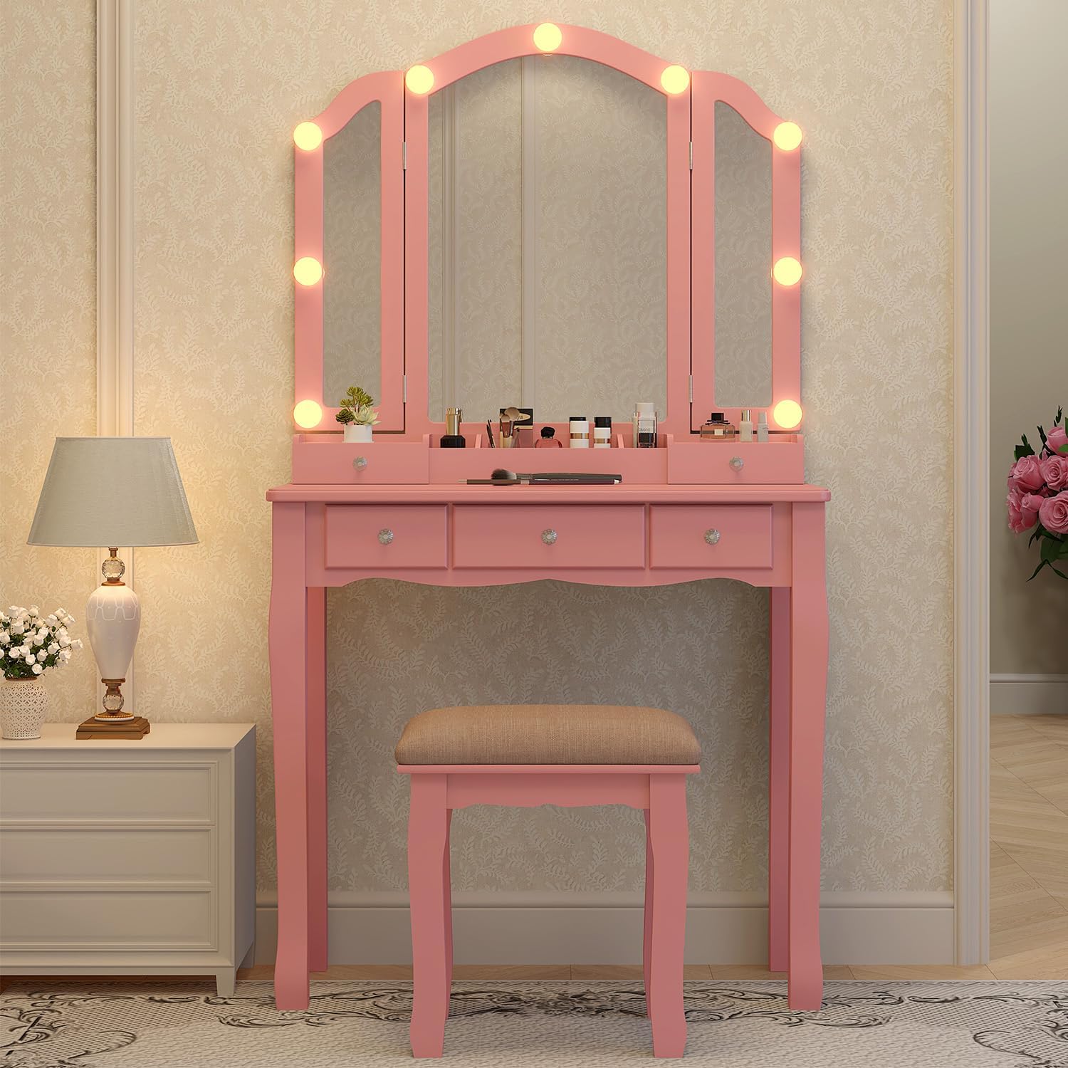 Desk Vanity Setup - Pink Makeup Vanity Desk with Mirror