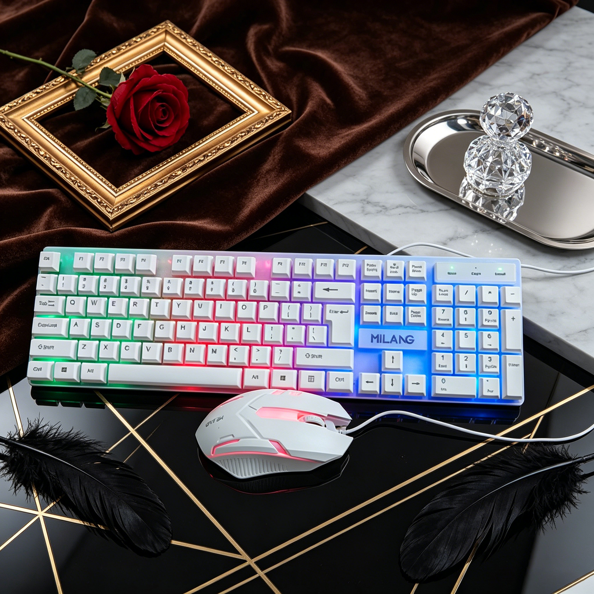 Desk Setup For Studying - Wired RGB Backlit Keyboard Mouse Set,Ergonomic