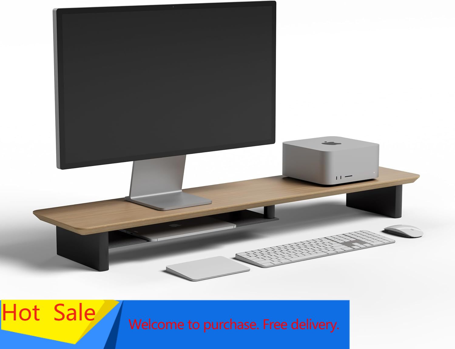 Desk Setup Dual Monitor - White Oak Dual‑Tier Ergonomic Desk Setup