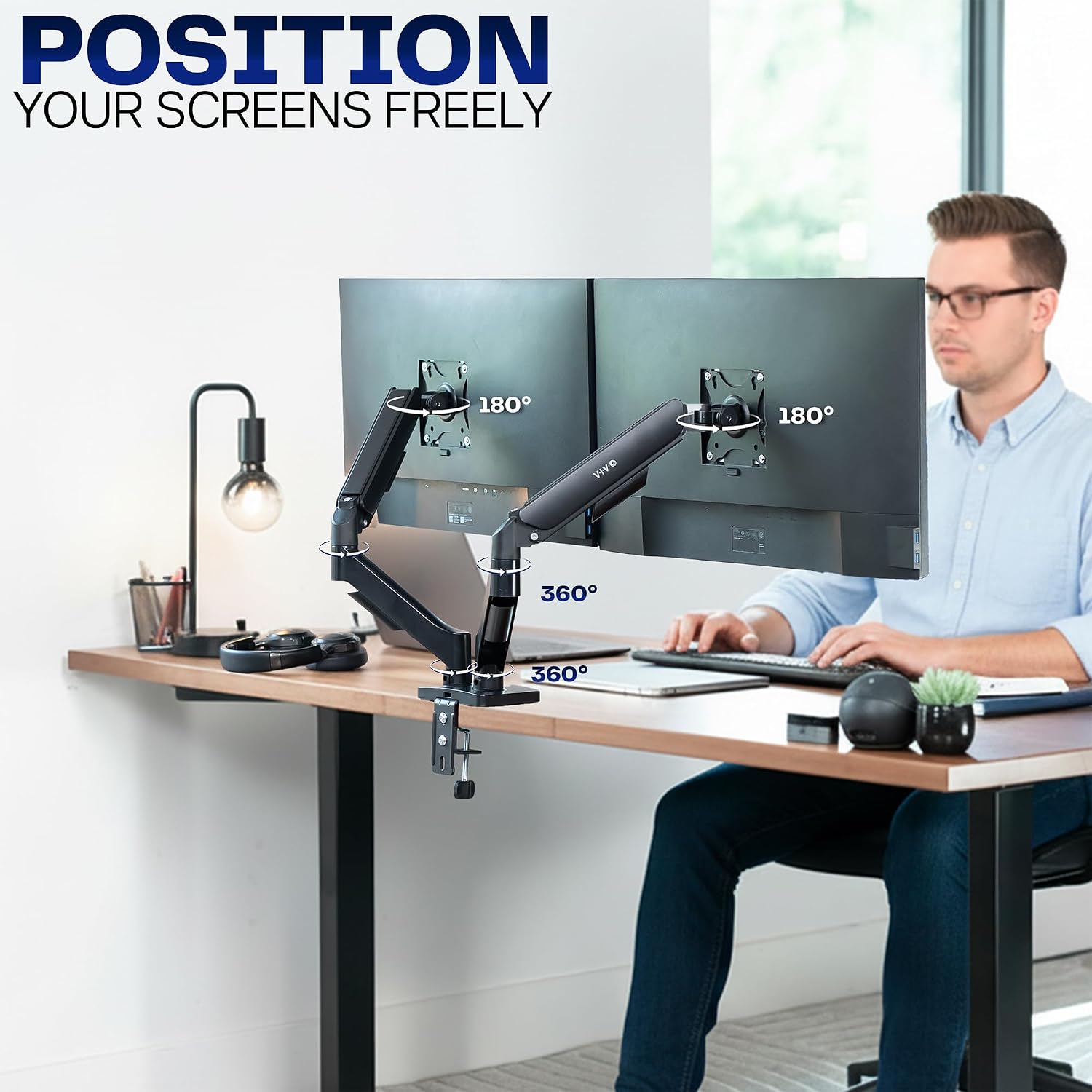 Desk Setup Dual Monitor - Dual Monitor Stand, Fully Adjustable Arms