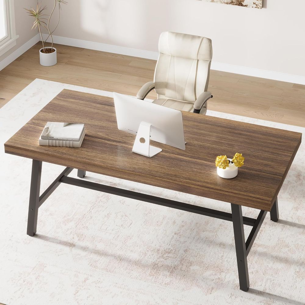 Desk Setup Dual Monitor - Extra Long Industrial-Style Rustic Wooden Metal