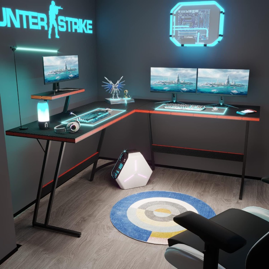L Shaped Gaming Desk with Larg - Setup Desk Monitor avaliação e preço