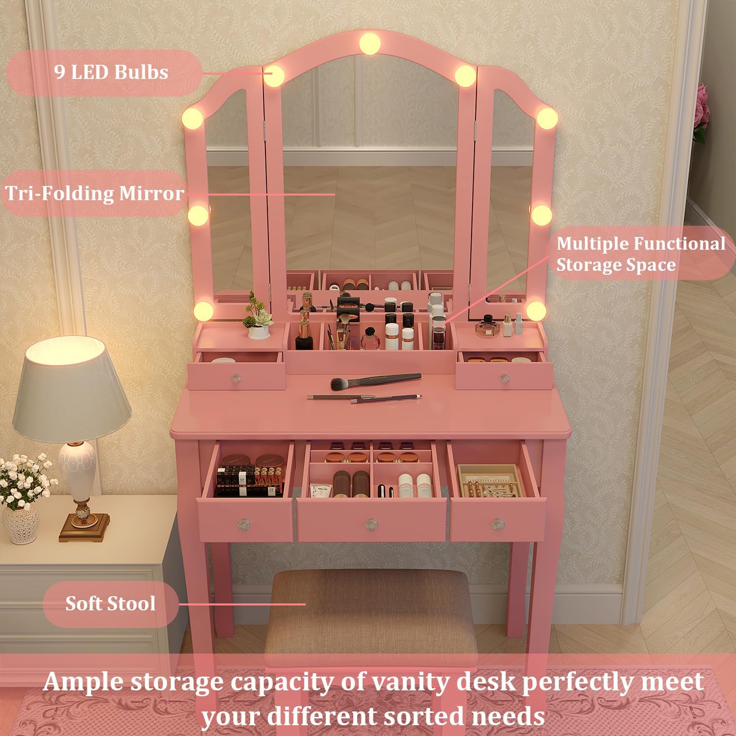 Pink Makeup Vanity Desk with M - Desk Vanity Setup avaliação e preço